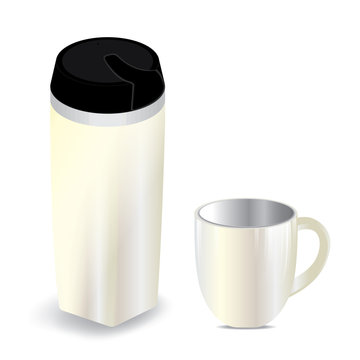 Thermos bottle with cup isolated on white background.