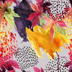 Zelfklevend Fotobehang Autumn watercolor japanese maple leaf and doodle seamless pattern © Tanya Syrytsyna