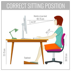 Correct spine sitting posture at computer health prevention vector concept