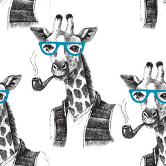 Seamless pattern with dressed up giraffe hipster - 122012386
