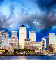 Canary Wharf buildings, beautiful skyline of London at dusk