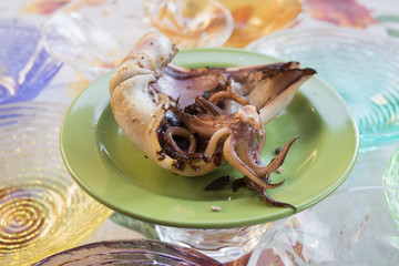 grilled squid on a colored plate