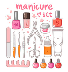Cute cartoon manicure equipment vector set - obrazy, fototapety, plakaty