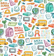Seamless pattern with set of different school things in color