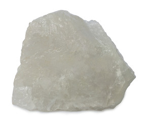 Mineral  milky quartz isolated on white background. Quartz is the second most abundant mineral in the Earth's continental crust, after feldspar, it crystals have piezoelectric properties.