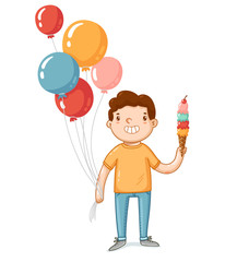 A boy with balloons and ice cream vector illustration