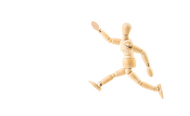 wooden man figure running, isolated on white