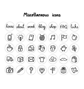 Miscellaneous doodle icons black and white
