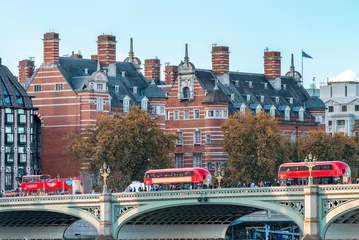 Gordijnen Three red buses crossing Westminster Bridge, London - UK © jovannig