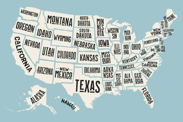 Poster map of United States of America with state names. Print map of USA for t-shirt, poster or geographic themes. Hand-drawn colorful map with states. Vector Illustration - obrazy, fototapety, plakaty