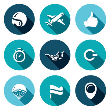 Vector Set of Skydiving Icons. Helmet, Plane, Ready, Time, Skydiver, Ring, Parachute, Landing Place, Wind Direction.