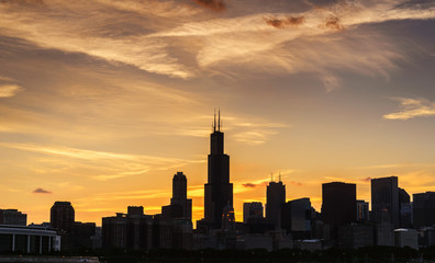 Chicago sunset skyline in silhouette