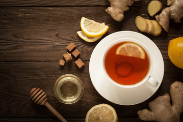 Hot tea with ginger and lemon.