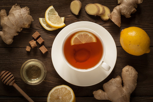 Hot tea with ginger and lemon.