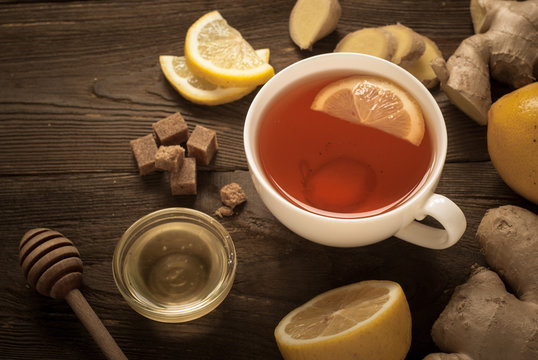 Hot tea with ginger and lemon.