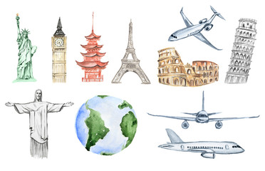 Watercolor world travel set. All sightseeing from all over the world as big ben, liberty statue, Colosseum and more. Airplanes. © inspiring.team
