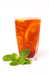 Ice black tea with lemon slice isolated on white background