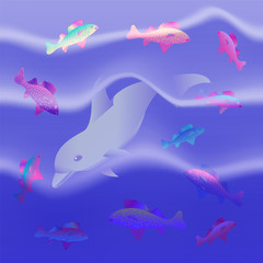 Vector Illustration. Colorful Fishes and Dolphin in Blue Waves Gently Shimmering from dark to light.  