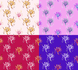Vector Illustration. Four Seamless Abstract Floral Patterns. Set of backgrounds of different colors. Exclusive decorations, suitable for fabrics, cloth and packaging.