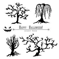 Scary dead trees silhouette vector halloween decoration set with branches. Brush pen ink illustration for halloween design.