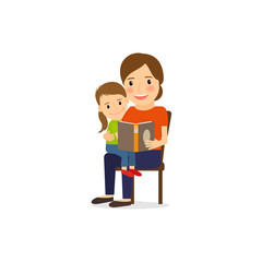 Mother and child reading book, cartoon vector illustration