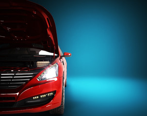 open hood of a car with view of the engine 3d render on blue