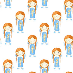 Seamless pattern with watercolor picture in style of book illustration on white background. Redheaded girl with pigtails in blue nightgown with soft cat toy in hand, intends to go to bed