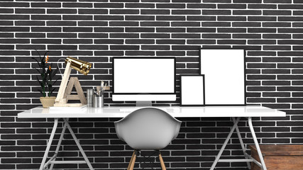 Creative Home Office, Modern Studio Or Contemporary Workspace Interior Mock up, Blank Desktop Computer Screen, Photo Frames, 3D Rendering, Black Bricks Back Wall
