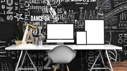Creative Home Office, Modern Studio Or Contemporary Workspace Interior Mock up, Blank Desktop Computer Screen, Photo Frames, 3D Rendering, Black Board Back Wall