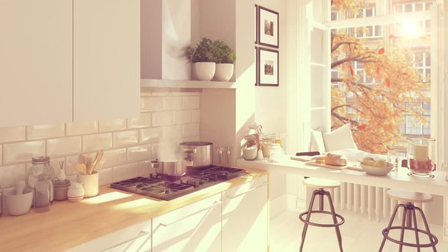 cinemagraph of nordic kitchen in an apartment. 3D rendering. autumn concept. loop.