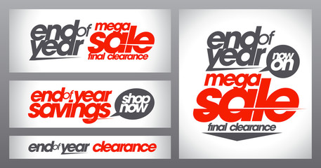 Mega sale posters collection, end of year savings banners set, final clearance
