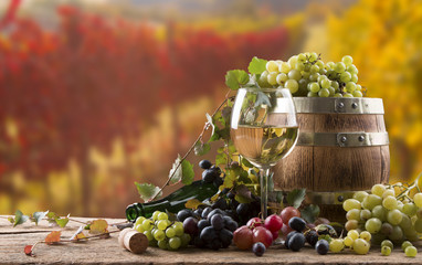 white wine bottle and wine glass, wooden barrel with nature background © verca