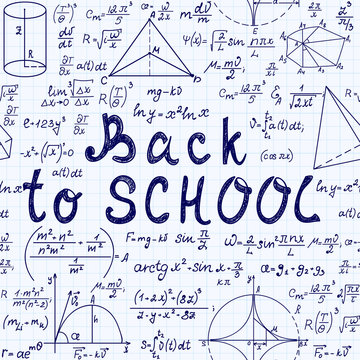 Math vector seamless pattern with handwritten text "Back to school", mathematical formulas, figures, calculations and equations