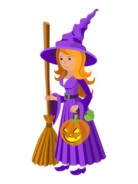 Vector cartoon image of funny witch with red hair purple dress standing  broom and pumpkin on white background. Halloween. illustration.