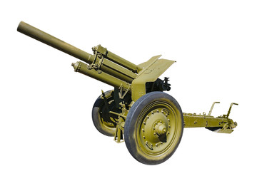 Soviet 122 mm howitzer M1938 (M-30) from period World War II. Front view, isolated on white background