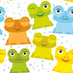 Cute Cartoon funny frog set yellow green blue orange on white background, seamless pattern. Vector