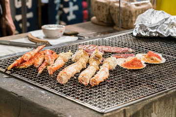 Barbecue Grill cooking seafood mix background
