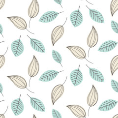 Doodle light blue leaves seamless vector pattern. Outline foliage ornament on white background.