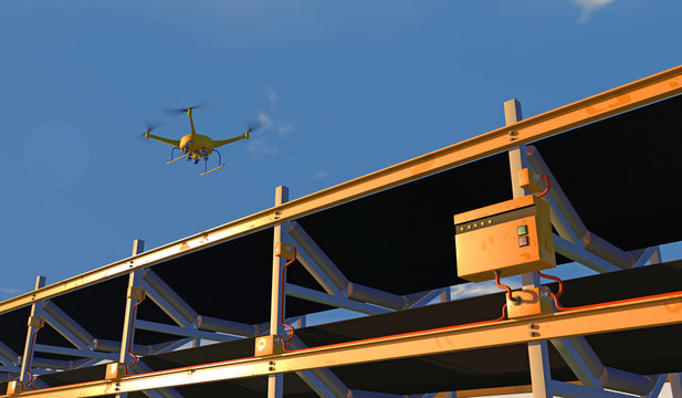 3D illustration of a UAV drone inspecting a conveyor. Fictitious conveyor assembly; lens flare, depth-of-field and motion blur for dramatic effect.