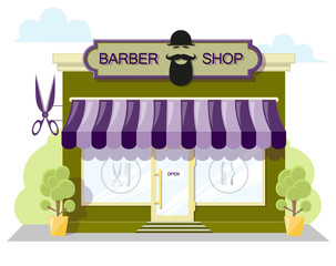 Facade barbershop. Signboard with emblem, awning and symbol in windows. Concept front shop for design banner or brochure. image in a flat design. Vector illustration isolated on white background