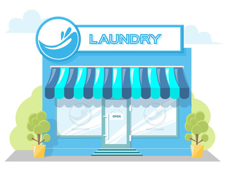 Facade laundry. Signboard with emblem, awning and symbol in windows. Concept front shop for design banner or brochure. Abstract image in a flat design. Vector illustration isolated on white background