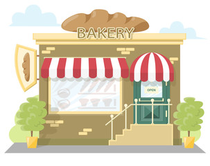 Facade bakery store. Signboard with emblem loaf bread, awning and symbol in windows. Concept front shop for design banner or brochure. flat design. Vector illustration isolated on white background