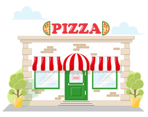 Facade pizzeria with a signboard pizza, awning and symbol in shopwindow. Abstract image in a flat design. Concept for banner or brochure. Vector illustration isolated on white background - obrazy, fototapety, plakaty