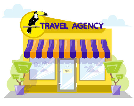 Facade travel agency. Signboard with emblem bird toucan, awning and symbol in windows. Concept front shop for design banner or brochure. flat design. Vector illustration isolated on white background
