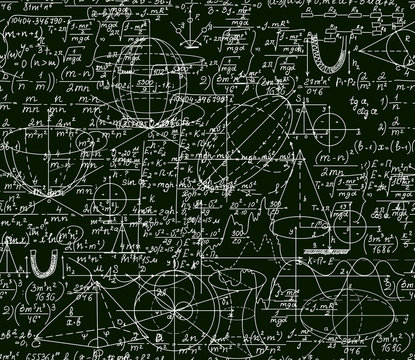 Math vector technical seamless pattern with handwritten formulas, calculations, plots, signs, equations, shuffled together on a green blackboard background