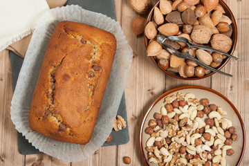 Homemade Banana Cake With Nuts And Chocolate.