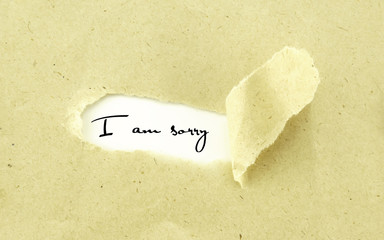 Text I AM SORRY appearing behind torn light brown envelop