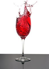 red wine splashing in a stem glass