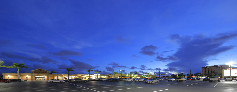 Shopping center at twilight with beautiful blue sky