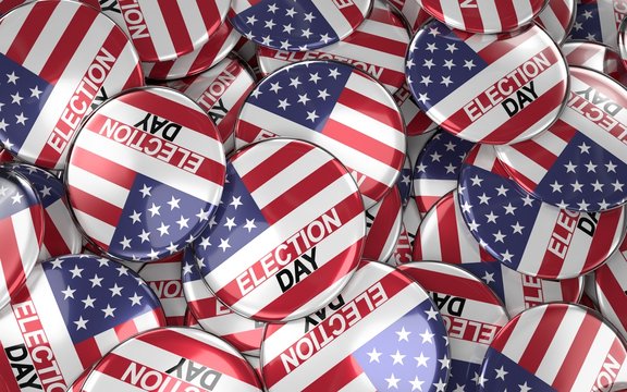 US presidential election in USA concept with sign on campaign badges. 3D rendering